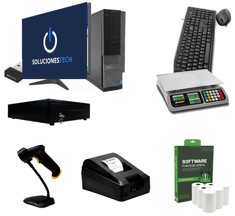 Paquete Premium Abarrotes completo: PC Dell con monitor, teclado y mouse, báscula, cajón de dinero, lector, impresora térmica y software con rollos