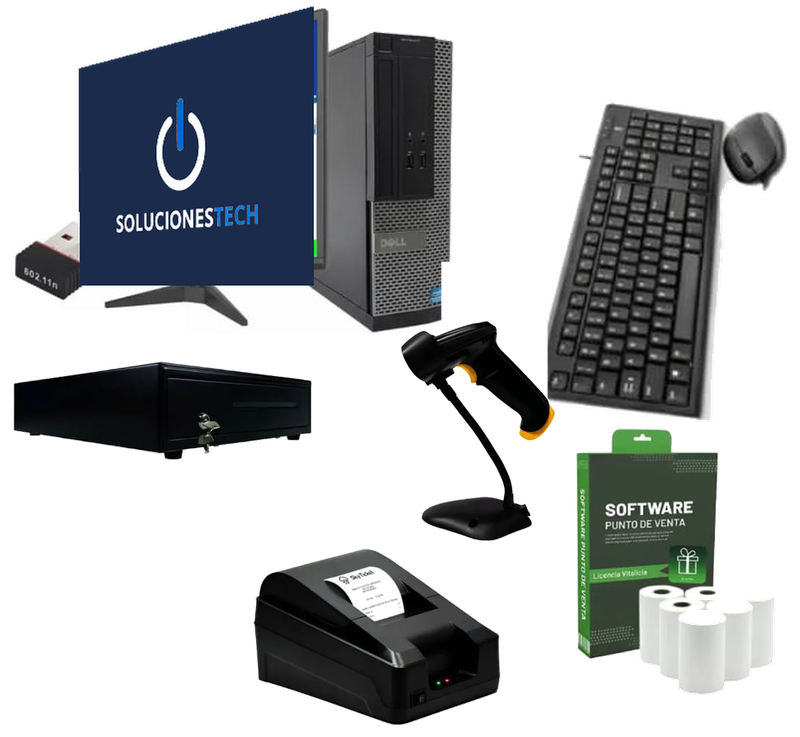 Paquete Negocio Completo: PC Dell con monitor, teclado y mouse, cajón de dinero, lector, impresora térmica y software con rollos