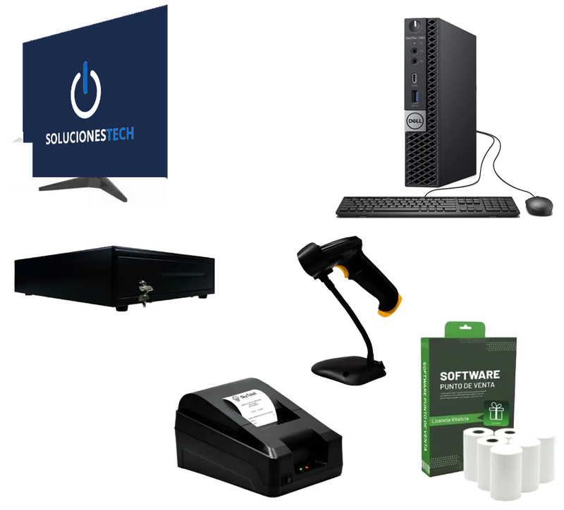 Paquete Todo en Uno i5: PC Dell Optiplex con monitor, teclado y mouse, cajón, lector, impresora y software con rollos