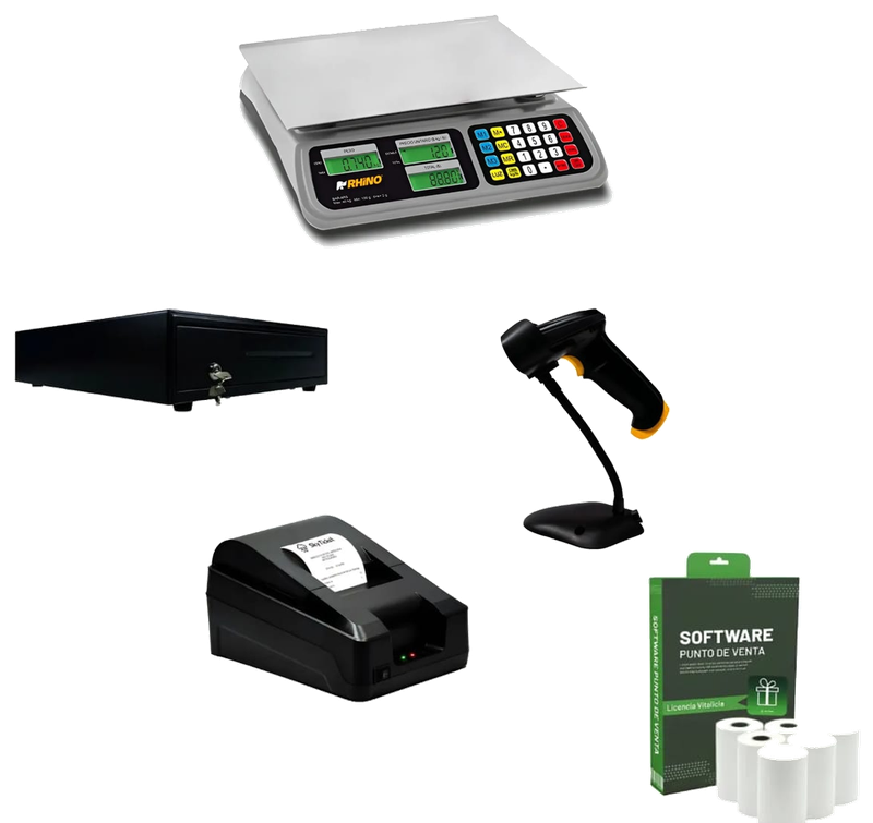Paquete Ya Tengo Computadora con Báscula: báscula Rhino, cajón de dinero, lector, impresora térmica y software con rollos